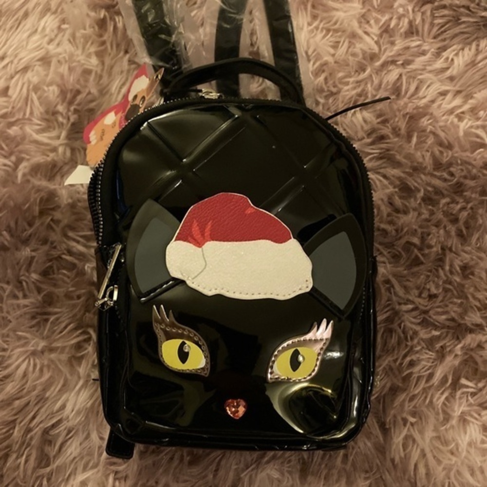 Betsey Johnson Black Vinyl Christmas Cat Backpack New With Tags